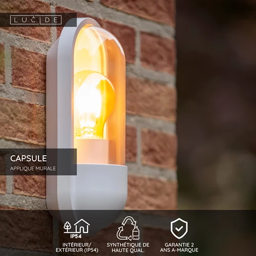 Lucide CAPSULE - Applique murale Intérieur/Extérieur - 1xE27 - IP54 - Blanc - USP